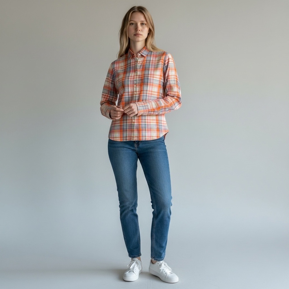 J. Crew Orange and Blue Cotton Plaid Button Down Shirt size Large